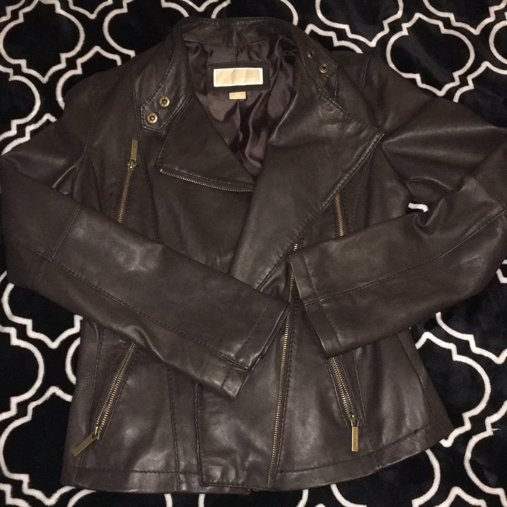 Michael Kors Leather Zip Up Jacket